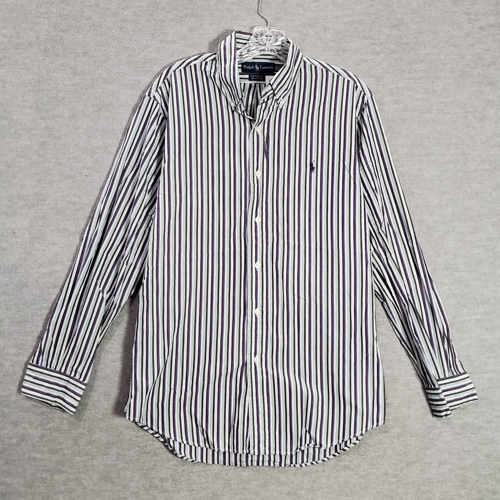 VINTAGE Ralph Lauren Men Button Up Shirt 15.5 Purple Logo Long Sleeve Collar